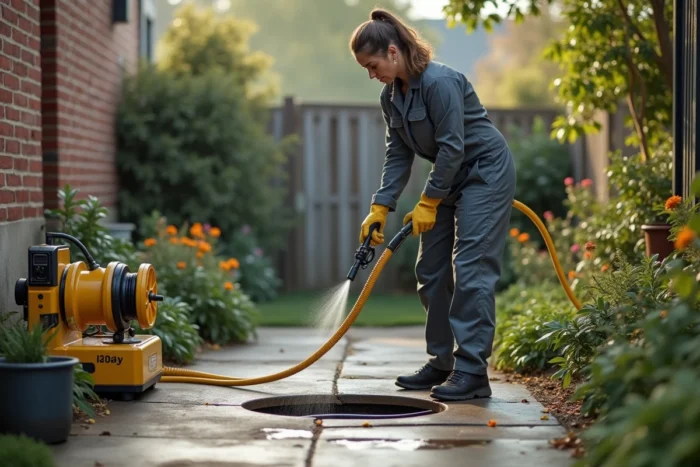 Technicienne en plomberie utilisant un nettoyeur haute pression pour déboucher une canalisation extérieure