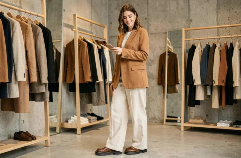 Femme élégante en blazer camel oversize et pantalon large crème dans une boutique de mode parisienne minimaliste