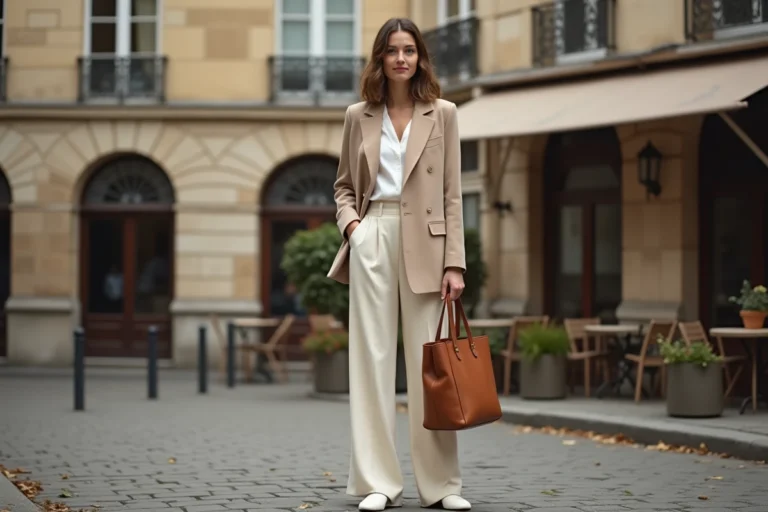 Femme élégante portant un blazer oversize beige et un pantalon large crème dans une rue pavée parisienne, tendance mode automne