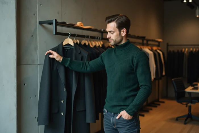 Homme tendance portant un col roulé vert forêt et un jean indigo dans un concept store minimaliste aux murs en béton brut