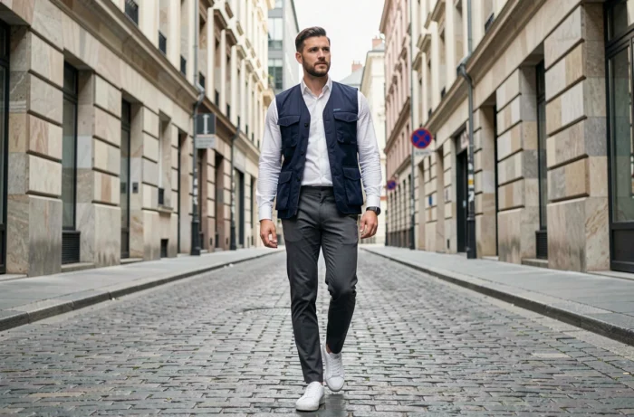 Homme tendance en veste utility marine et sneakers blanches se promenant dans une rue pavée européenne