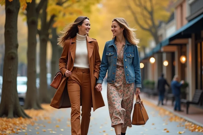 Deux femmes élégantes marchant sur un boulevard parisien arboré en portant des tenues tendance automne-hiver, trench coat rouille et veste en jean patchwork