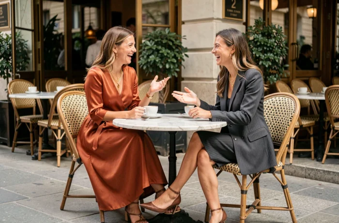 Deux femmes élégamment habillées aux terrasses d'un café parisien, portant robe portefeuille terracotta et robe blazer rayée, tendances mode printemps-été