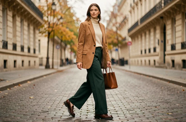 Femme élégante portant un blazer camel oversize et un pantalon large vert forêt dans une rue parisienne en automne, tendances mode saison