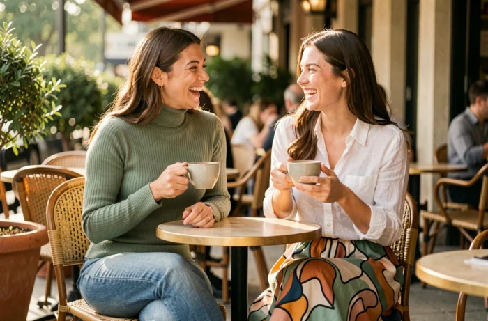 Deux femmes stylées aux looks tendance printemps discutant à une terrasse de café avec tenues complémentaires