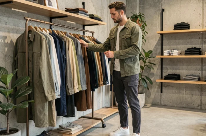 Homme en veste utilitaire olive et cargo slim ardoise explorant des vêtements dans un concept store tendance, style mode contemporaine masculine