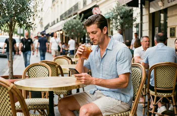 Homme en short et chemise en lin bleu sur une terrasse de café parisienne en été, exemple de tenue légère et élégante pour homme par temps chaud