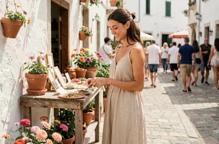 Femme en robe longue en lin beige dans un marché estival méditerranéen, tenue légère idéale pour les journées chaudes d'été