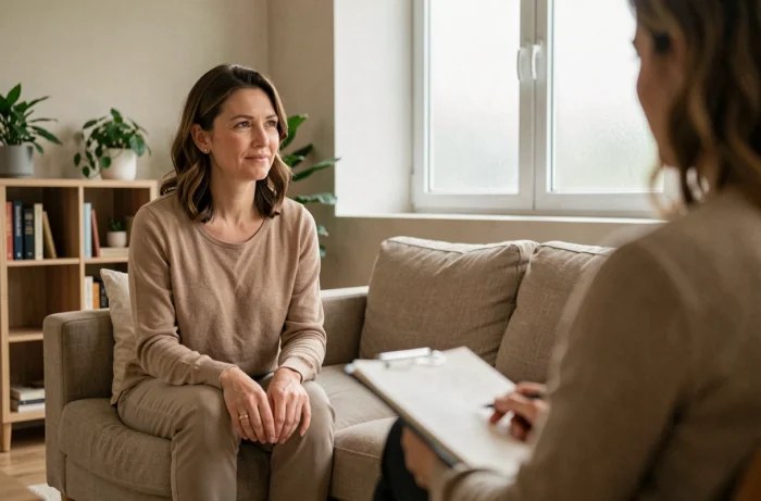 Séance de thérapie brève avec une femme en consultation chez un thérapeute dans un cabinet moderne et apaisant