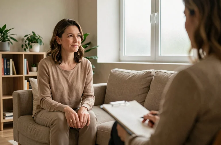 Séance de thérapie brève avec une femme en consultation chez un thérapeute dans un cabinet moderne et apaisant