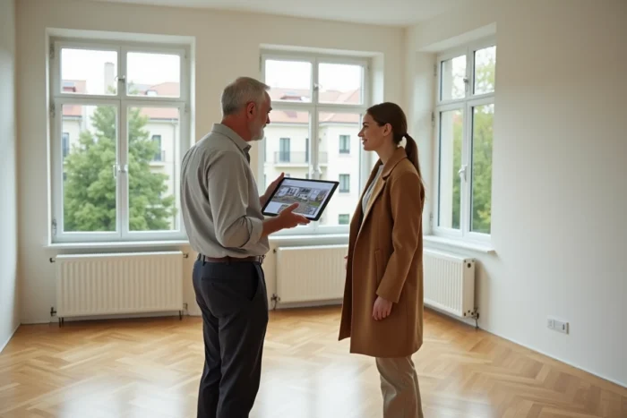 Agent immobilier présentant un appartement vide à une cliente lors d'une visite professionnelle avec tablette numérique