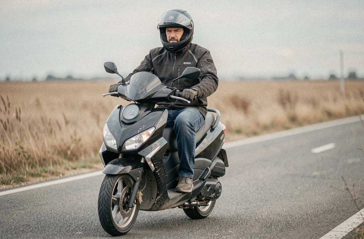 Pilote expérimenté sur un Yamaha XMAX 125 rodé après 10 000 km sur route de campagne, prise de vue au sol