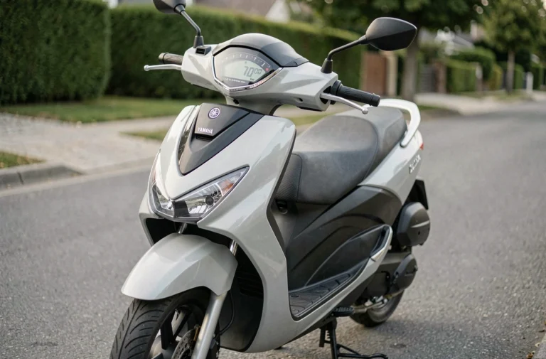 Yamaha XMAX 125 neuf au compteur kilométrique bas durant la période de rodage, vue 3/4 avant sur rue résidentielle
